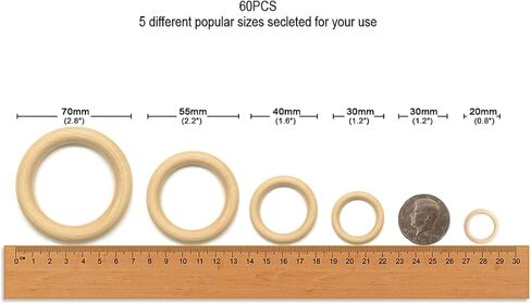 60 Pcs Unfinished Wood Rings for Macrame,5 Different Sizes Wooden Rings for Crafts,70mm/55mm/40mm/30mm/20mm,Natural Solid Wood Ring for Ornaments Crafts, Curtain Rings and Toys,Jewelry DIY Making in Saudi Arabia