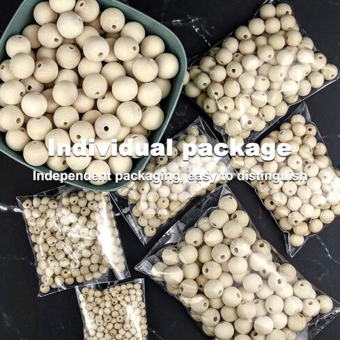 1000 قطعة من الخرز الخشبي، خرز خشبي دائري طبيعي غير مكتمل، خرز فاصل خشبي سائب للحرف اليدوية وصناعة المجوهرات، 7 مقاسات (6 ملم، 8 ملم، 10 ملم، 12 ملم، 14 ملم، 16 ملم، 20 ملم) in Kuwait