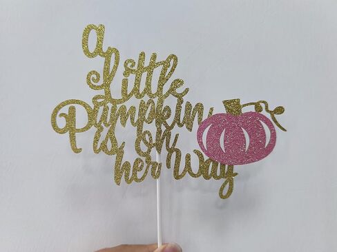 زينة كعكة ذهبية لامعة بعبارة A Little Pumpkin Is On Her Way - زينة حفلات استقبال المولود على شكل يقطين للبنات in Saudi Arabia