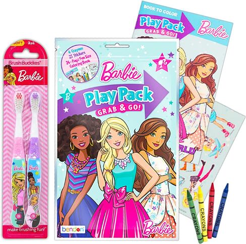 Mattel Barbie Toothbrush 2-Pack Bundle ~ Barbie Soft Toothbrushes for Girls | Barbie Bathroom with Stickers, Coloring Pages, and More (Barbie Toothbrush Set) in Saudi Arabia