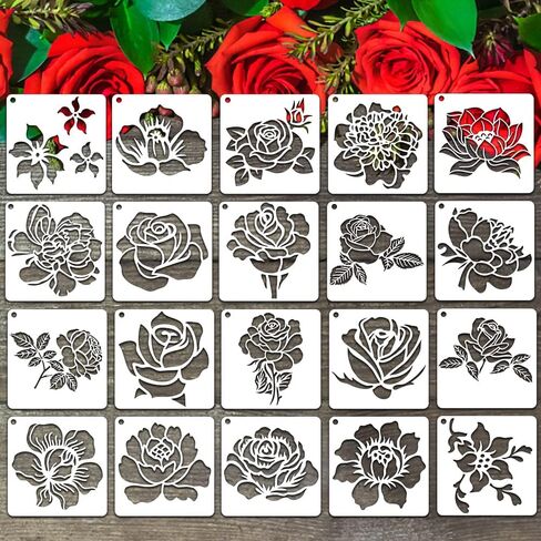 20Pcs Rose Flower Stencils Flower Leaf Painting Stencils Reusable Rose Stencil Floral Plastic Art Drawing Templates DIY Crafts Plant Stencil for Painting on Wood Wall Door Canvas Home Decor in Kuwait