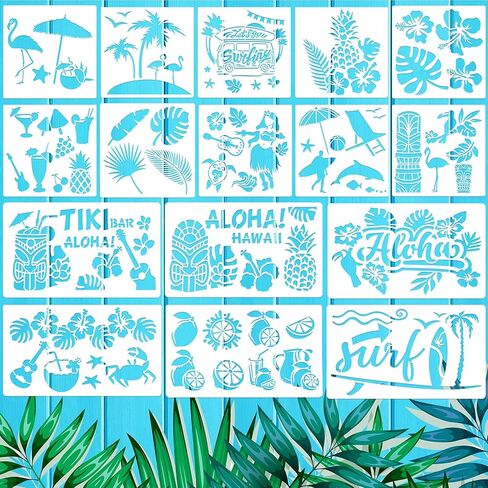 16 قطعة ألوها الزهور استنسل الصيف الطلاء قالب هاواي الاستوائي قابل لإعادة الاستخدام إستنسل النخيل شجرة الاستنسل ليمون أناناس فلامنغو أوراق قالب لدي فن الحرف سكرابوكينغ على الخشب جدار ديكور in Kuwait