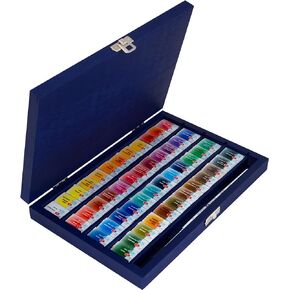 WHITE NIGHTS Artists' Grade Watercolors Set of 48 Full Pans with Squirrel Brush in a Blue Birch box by Nevskaya Palitra