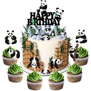 Set of Acrylic Panda Happy Birthday Cake Topper, Panda Bear Smash Cake Topper, Panda Themed Birthday Party Decoration, Animals Party Supplies ( 7Pcs )