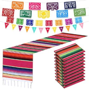 10 Pack 14 x 84 in Mexican Serape Table Runners, 29 Pcs Papel Picado Banner, Fiesta Hanging Banner and Pennant Flag Banner Colorful Bunting Banner for Mexican Theme Party (Rose, Blue, Orange, Yellow)