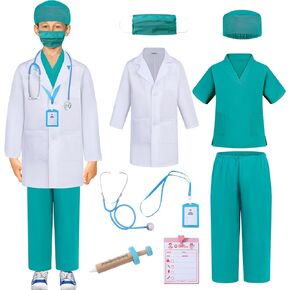 Doctor Costume for Kids Scrubs Pretend Play Kit with Doctor Lab Coat and Stethoscope Halloween Doctor Dress up for Boys Girl