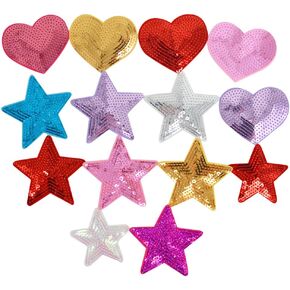 Buddy 14 Pcs Sequins Star Heart Shaped Patch Applique Iron-on Badge Embroidered Patch Clothes DIY Accessory