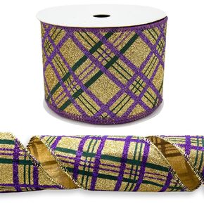 Mardi Gras Fabric Ribbons 10 Yards, Mardi Gras Green Purple Glitter Plaid Burlap Edge Wired Ribbon for Carnival Gift Wrapping Home Party Decoration Tree Crafts Supplies - 2.5 Inch x 10 Yards x 1 Roll in Saudi Arabia