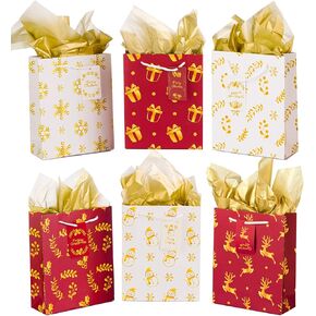 NIMU 12 Pieces Premium Christmas Assorted Gold Metallic Design Gift Bags with Handle and Tissue Paper and Name Tag Design Paper Bags Bundle Xmas Gift Wrapping Bag Great Bulk in Saudi Arabia