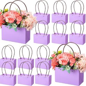 Teling 12 Pcs Valentine's Day Kraft Flower Gift Bags Bouquet Paper Bags with Handle Waterproof Empty for Flowers Rectangle Packaging for Mother's Day Gift(Kraft Paper Color)