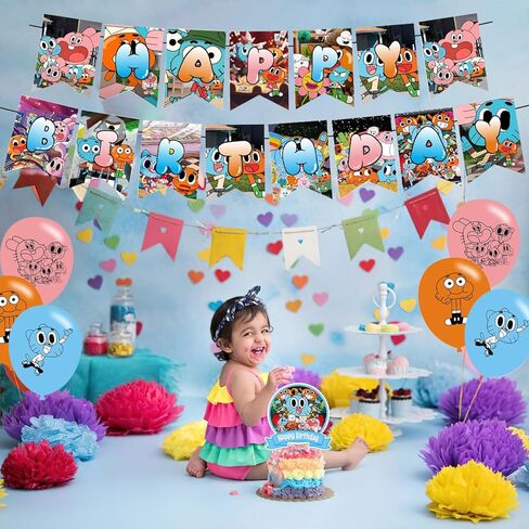 لوازم الحفلات من ذا اميزينج وورلد اوف جامبول، ديكورات حفلات اعياد الميلاد للاطفال مع لافتة عيد ميلاد سعيد وزينة كيك وبالونات لتزيين حفلات اعياد الميلاد بطابع غامبول in Kuwait