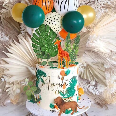 24 قطعة من أغطية كعكة حيوانات الغابة من Newmemo مع كرات ملونة لتزيين الكيك من أوراق الشجر وحيوانات السفاري وتماثيل حيوانات الغابة البرية وحفلات استقبال المولود الجديد in Kuwait