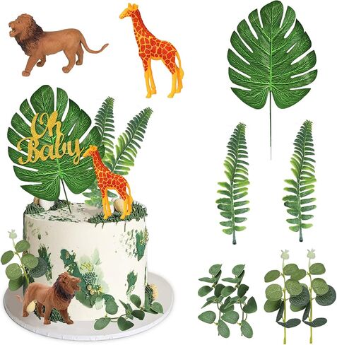 24 قطعة من أغطية كعكة حيوانات الغابة من Newmemo مع كرات ملونة لتزيين الكيك من أوراق الشجر وحيوانات السفاري وتماثيل حيوانات الغابة البرية وحفلات استقبال المولود الجديد in Kuwait