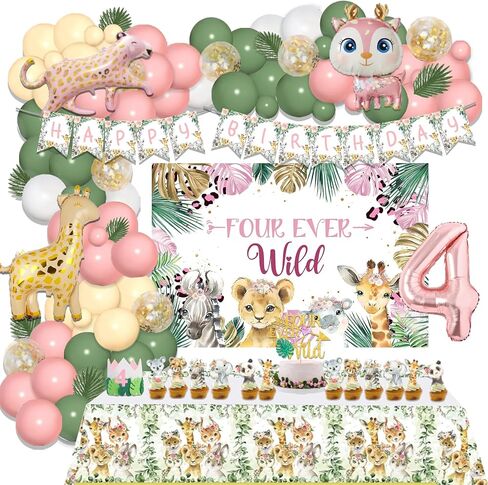 Hombae Four Ever Wild Birthday Decorations Girl, Pink Jungle Safari Animal Theme 4th Party Decorations Backdrop Balloon Garland Artificial Leaves Banner Tablecloth Cake Cupcake Topper Crown 146 PCs in Kuwait