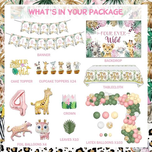 Hombae Four Ever Wild Birthday Decorations Girl, Pink Jungle Safari Animal Theme 4th Party Decorations Backdrop Balloon Garland Artificial Leaves Banner Tablecloth Cake Cupcake Topper Crown 146 PCs in Kuwait