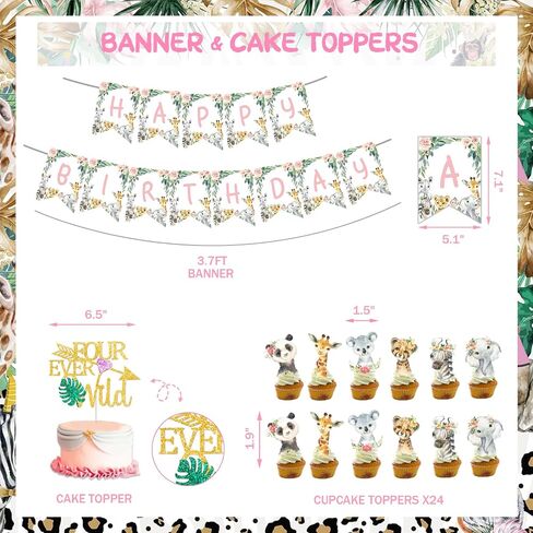 Hombae Four Ever Wild Birthday Decorations Girl, Pink Jungle Safari Animal Theme 4th Party Decorations Backdrop Balloon Garland Artificial Leaves Banner Tablecloth Cake Cupcake Topper Crown 146 PCs in Kuwait