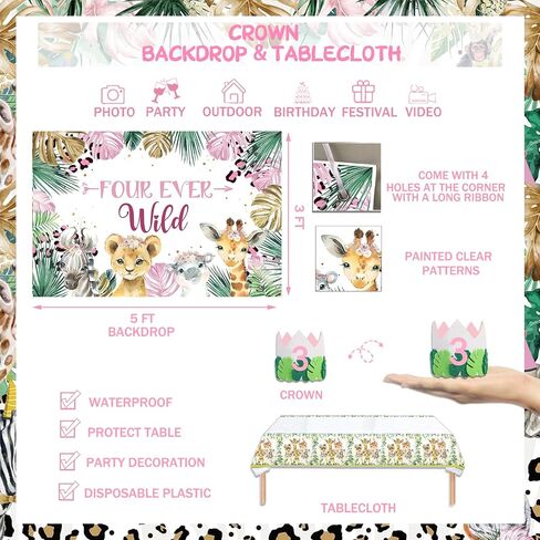 Hombae Four Ever Wild Birthday Decorations Girl, Pink Jungle Safari Animal Theme 4th Party Decorations Backdrop Balloon Garland Artificial Leaves Banner Tablecloth Cake Cupcake Topper Crown 146 PCs in Kuwait