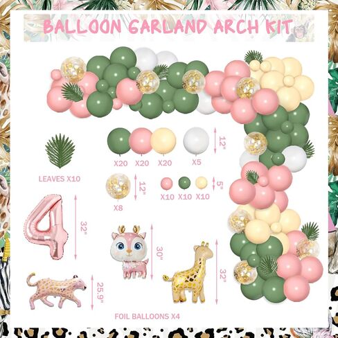 Hombae Four Ever Wild Birthday Decorations Girl, Pink Jungle Safari Animal Theme 4th Party Decorations Backdrop Balloon Garland Artificial Leaves Banner Tablecloth Cake Cupcake Topper Crown 146 PCs in Kuwait