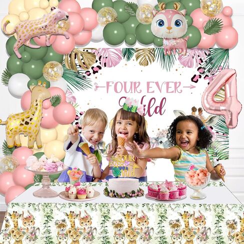 Hombae Four Ever Wild Birthday Decorations Girl, Pink Jungle Safari Animal Theme 4th Party Decorations Backdrop Balloon Garland Artificial Leaves Banner Tablecloth Cake Cupcake Topper Crown 146 PCs in Kuwait