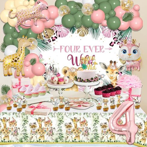Hombae Four Ever Wild Birthday Decorations Girl, Pink Jungle Safari Animal Theme 4th Party Decorations Backdrop Balloon Garland Artificial Leaves Banner Tablecloth Cake Cupcake Topper Crown 146 PCs in Kuwait