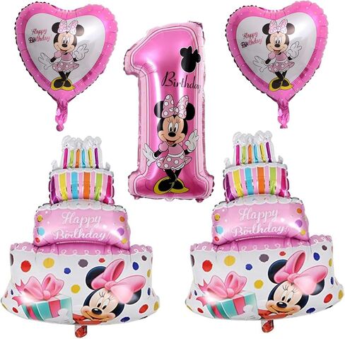 Mini Mouse First Birthday Balloons - Set Of 5 Minnie Girls Party Balloon Decorations For A Minie Mouse Themed Babies 1st Happy Birthday Bouquet Banner Decoration in Kuwait