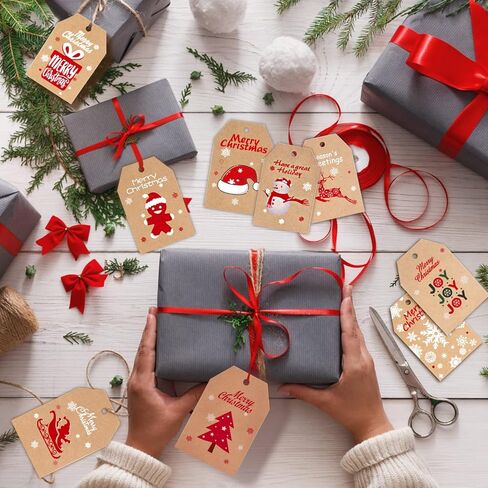 100 قطعة من ورق الكرافت البني لهدايا عيد الميلاد، ملصقات معلقة، 66 قدمًا من الجوت والخباز لهدايا عيد الميلاد DIY وحقائب تغليف عيد الميلاد وأوراق وملصقات عيد الميلاد وبطاقات اسم العبوة والحفلات in Kuwait