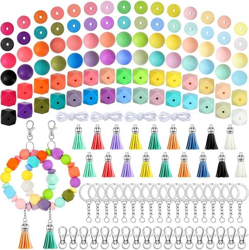 280 Pcs Silicone Beads for Keychain Making Kit, Silicone Beads Bulk Include 12mm Silicone Lentil Beads 15 mm Round Silicone Beads 14mm Polygonal Beads, Silicone Beads Kit for Keychain Bracelet Lanyard in Kuwait