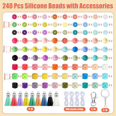 280 Pcs Silicone Beads for Keychain Making Kit, Silicone Beads Bulk Include 12mm Silicone Lentil Beads 15 mm Round Silicone Beads 14mm Polygonal Beads, Silicone Beads Kit for Keychain Bracelet Lanyard in Kuwait