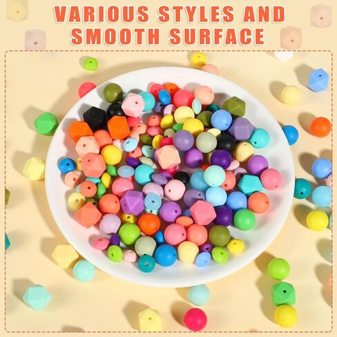 280 Pcs Silicone Beads for Keychain Making Kit, Silicone Beads Bulk Include 12mm Silicone Lentil Beads 15 mm Round Silicone Beads 14mm Polygonal Beads, Silicone Beads Kit for Keychain Bracelet Lanyard in Kuwait