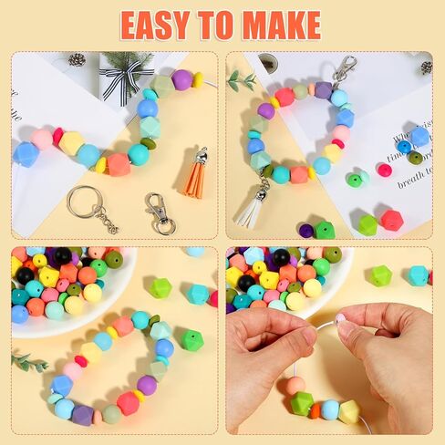280 Pcs Silicone Beads for Keychain Making Kit, Silicone Beads Bulk Include 12mm Silicone Lentil Beads 15 mm Round Silicone Beads 14mm Polygonal Beads, Silicone Beads Kit for Keychain Bracelet Lanyard in Kuwait