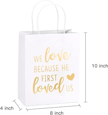WRAPAHOLIC Medium Size Gift Bags - Gold Foil We Love Because He First Loved Us White Paper Bags with Handles for the Lovers of Scriptures and Christians - 12 Pack - 8" x 4" x 10" in Saudi Arabia