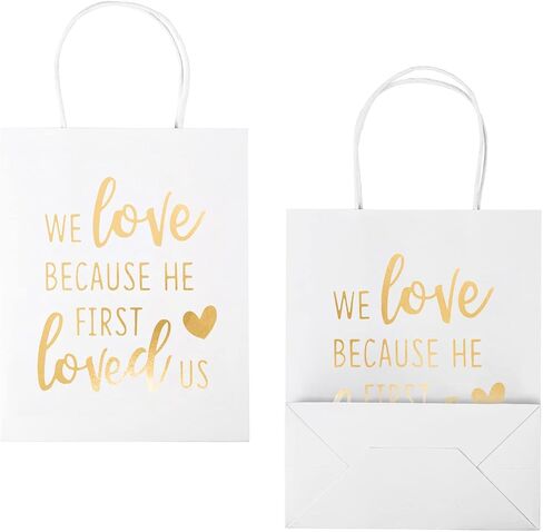 WRAPAHOLIC Medium Size Gift Bags - Gold Foil We Love Because He First Loved Us White Paper Bags with Handles for the Lovers of Scriptures and Christians - 12 Pack - 8" x 4" x 10" in Saudi Arabia