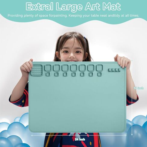 بساط رسم من السيليكون للأطفال من ASWEI، بساط فني كبير من السيليكون مقاس 60.96 سم × 40.64 سم وحصيرة حرفية مع 14 فواصل لونية، بساط رسم لهدايا الأطفال، رسم من الطين DIY Play Doh (أخضر فاتح) in Kuwait
