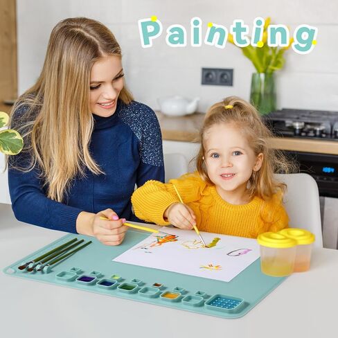 بساط رسم من السيليكون للأطفال من ASWEI، بساط فني كبير من السيليكون مقاس 60.96 سم × 40.64 سم وحصيرة حرفية مع 14 فواصل لونية، بساط رسم لهدايا الأطفال، رسم من الطين DIY Play Doh (أخضر فاتح) in Kuwait
