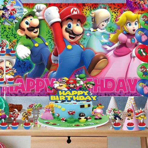 لوازم حفلات سوبر براذر، زينة حفلات اعياد الميلاد بطابع ماريو تتضمن لافتة وخلفية وبالونات وزينة كيك وزينة كب كيك للحفلات in Kuwait