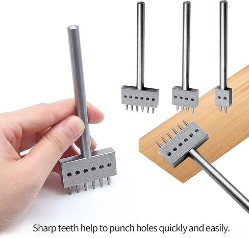Rierdge Prong Punch Tool Set, 3 Pcs 5mm Leather Row Round Hole Tooth Punch, 2/4/6 Prong Row Hole Punch Diamond Stitching Chisel for DIY Leather Craft Punch, Black in Kuwait