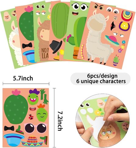 WATINC 36PCS Make Your Own Llama Cactus Stickers, Make a Face Animal Sticker Craft Game, DIY Art Cards Good Gift for School, Kids Goodie Bag Filler Reward Fiesta Mexican Alpaca Party Favor Supplies in Saudi Arabia