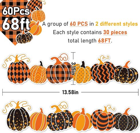 Whaline 68Ft Thanksgiving Fall Bulletin Border Stickers Self-Adhesive Autumn Pumpkin Borders Orange Black Pumpkin Blackboard Border Sticker for Classroom Chalkboard School Office Wall Decor, 60Pcs in Saudi Arabia