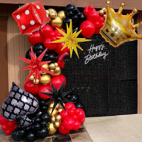 Casino Balloon Garland Arch Kit, 132Pcs Red Black and Gold Balloon Arch Set with Starburst Dice Crown Foil Balloons for Casino Royale Las Vegas Night Hollywood Poker Theme Birthday Party Decorations in Kuwait