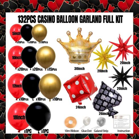 Casino Balloon Garland Arch Kit, 132Pcs Red Black and Gold Balloon Arch Set with Starburst Dice Crown Foil Balloons for Casino Royale Las Vegas Night Hollywood Poker Theme Birthday Party Decorations in Kuwait