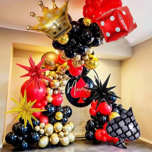Casino Balloon Garland Arch Kit, 132Pcs Red Black and Gold Balloon Arch Set with Starburst Dice Crown Foil Balloons for Casino Royale Las Vegas Night Hollywood Poker Theme Birthday Party Decorations in Kuwait