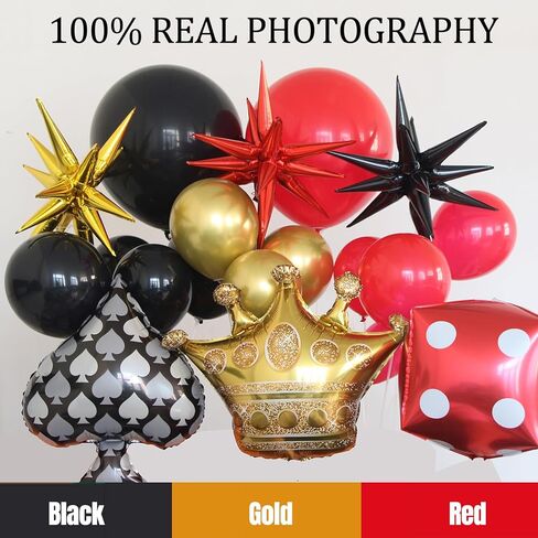 Casino Balloon Garland Arch Kit, 132Pcs Red Black and Gold Balloon Arch Set with Starburst Dice Crown Foil Balloons for Casino Royale Las Vegas Night Hollywood Poker Theme Birthday Party Decorations in Kuwait