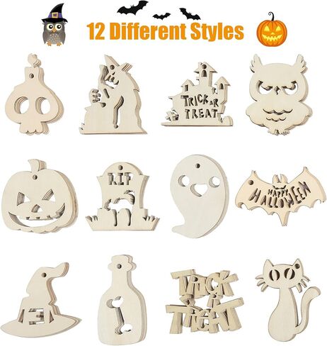 60 قطعة من شرائح خشبية للهالوين من ستيفورد، زخارف خشبية فارغة غير مكتملة، قطع خشبية يدوية الصنع، ديكور معلق مع 6 قطع من أقلام الألوان المائية وخيوط الجوت بطول 66 قدم لمستلزمات ديكورات الهالوين in Kuwait