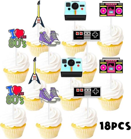 18pcs Glitter Retro Throwback Dessert Cupcake Topper Radio Girly I Love 80s Decade Theme Decor Supplies Girls Happy Birthday Party Decorations in Saudi Arabia