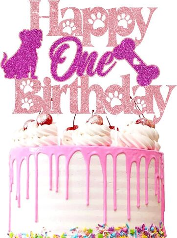 Dog Cake Topper 1 - Pink Happy One Birthday Cake Topper Glitter, Let's Pawty Puppy Pet Dogs Girls 1st Birthday Party Cake Decorations in Saudi Arabia