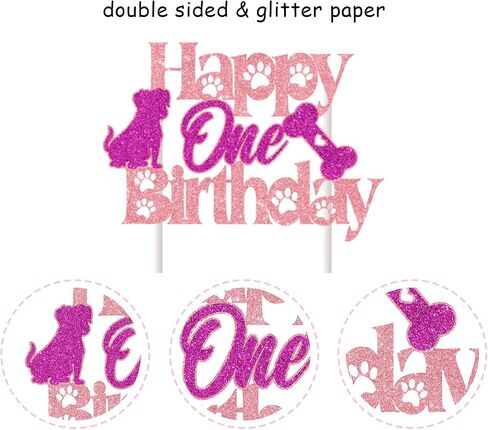 Dog Cake Topper 1 - Pink Happy One Birthday Cake Topper Glitter, Let's Pawty Puppy Pet Dogs Girls 1st Birthday Party Cake Decorations in Saudi Arabia
