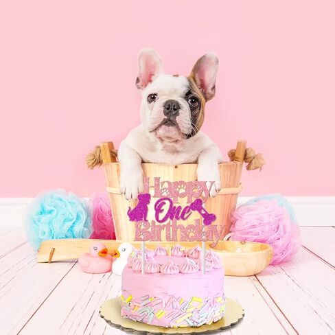 Dog Cake Topper 1 - Pink Happy One Birthday Cake Topper Glitter, Let's Pawty Puppy Pet Dogs Girls 1st Birthday Party Cake Decorations in Saudi Arabia
