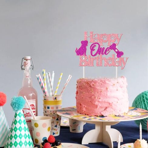 Dog Cake Topper 1 - Pink Happy One Birthday Cake Topper Glitter, Let's Pawty Puppy Pet Dogs Girls 1st Birthday Party Cake Decorations in Saudi Arabia