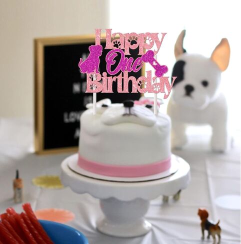 Dog Cake Topper 1 - Pink Happy One Birthday Cake Topper Glitter, Let's Pawty Puppy Pet Dogs Girls 1st Birthday Party Cake Decorations in Saudi Arabia