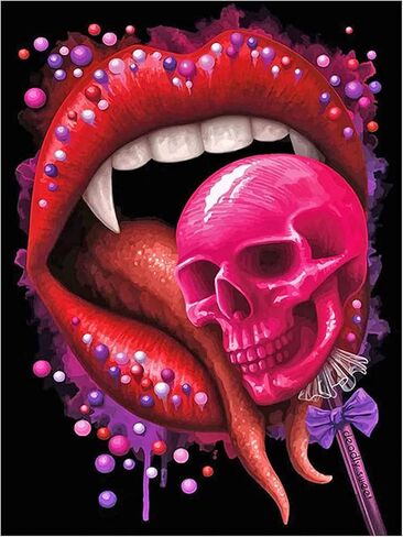 لوحة ماسية من سينبلاي، لوحة ماسية على شكل جمجمة وشفاه حمراء، طلاء ماسي دائري يمكنك طلاؤه بنفسك حسب مجموعات الارقام، هدايا تزيين حائط المنزل (12 × 16 انش) in Kuwait